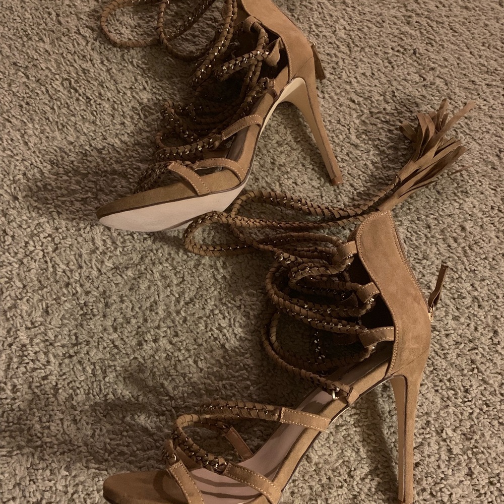 ShoeDazzle Raenetta. Tan Strappy Faux Suede Heels